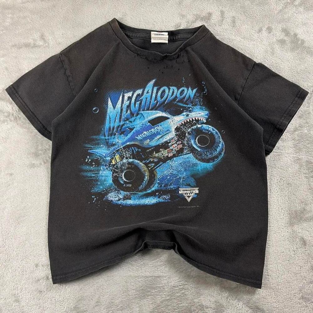 Monster Jam Megalodon T-Shirt Youth Medium Black Blue Graphic Distressed